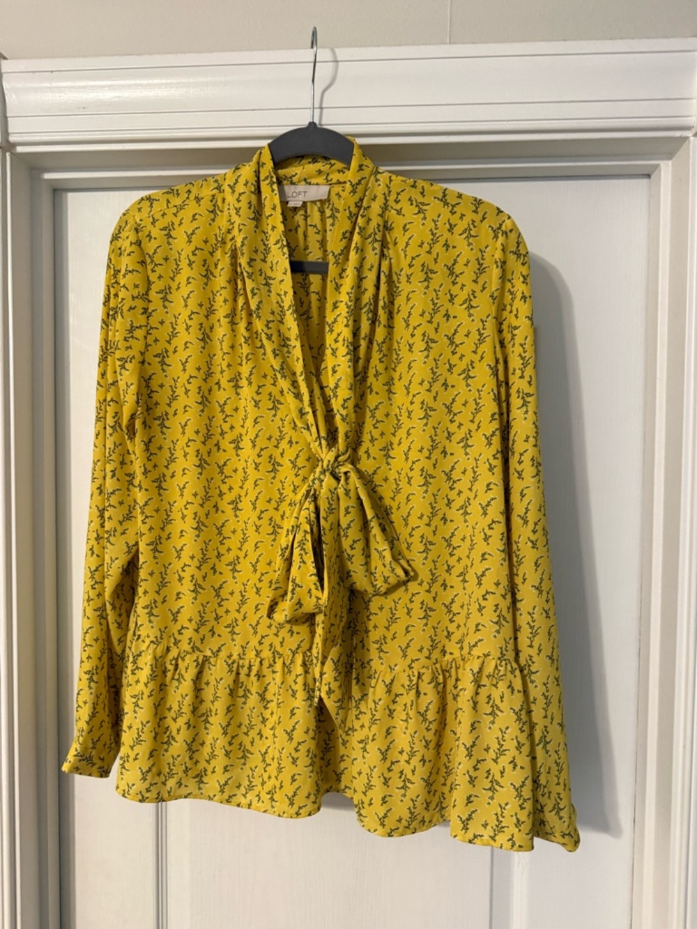 LOFT Mustard Yellow Floral Tie-Neck Peplum Blouse